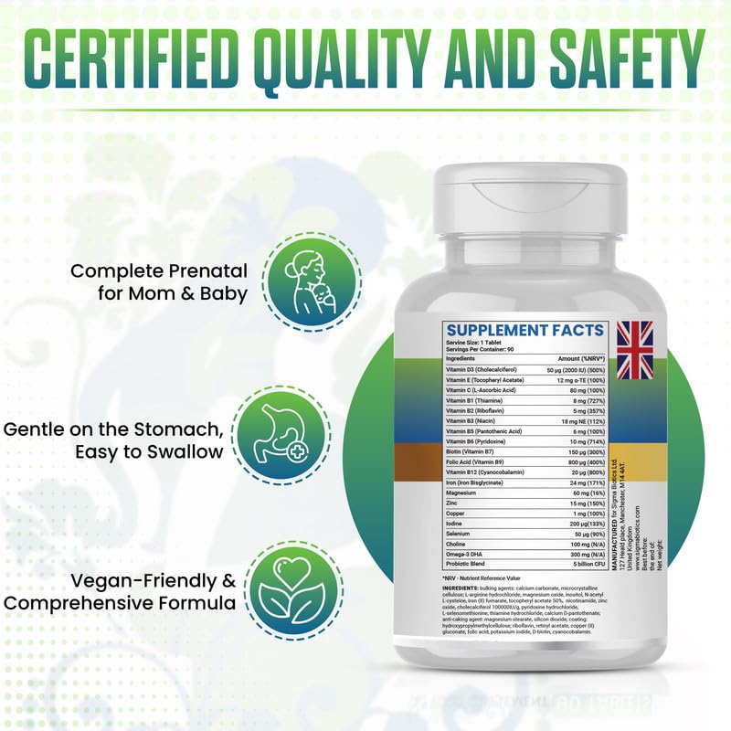 SigmaBiotics Pregnancy Plus Multivitamin for Women – 90 Tablets | Folic Acid, Iron, Vitamin D3, Omega-3 and Probiotic Blend - Prenatal Support Supplement for Mom’s Energy, Immunity, and Baby's Growth