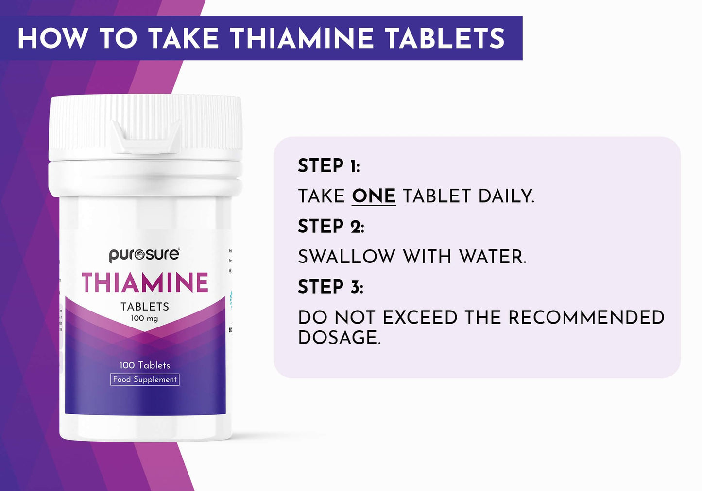 PuroSure Vitamin B1 Thiamine 100mg Tablets – Pack of 100 - for Heart, Immune and Psychological Function & Energy Release