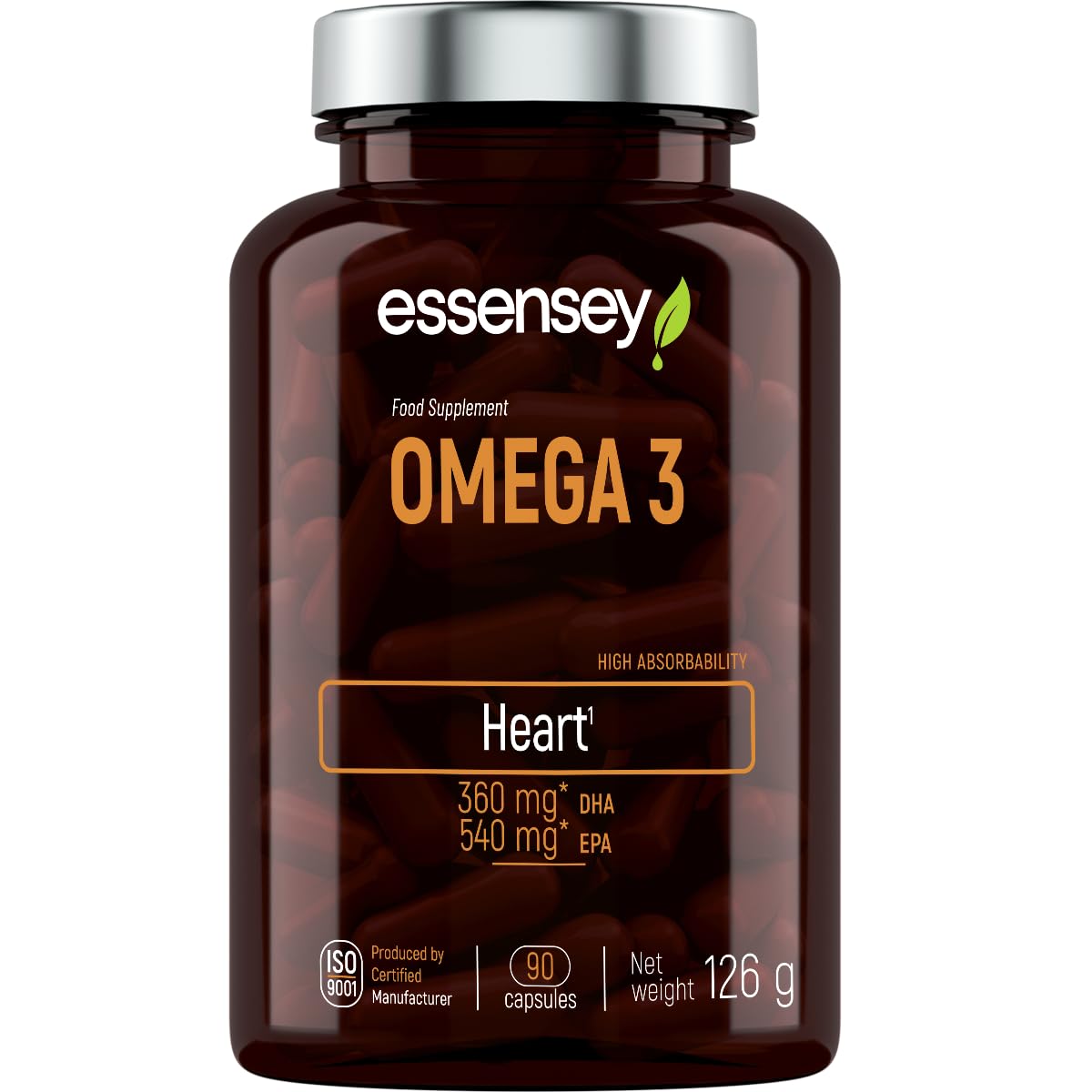 ESSENSEY Essensey Omega 3 Fish Oil Capsules with DHA, EPA & Vitamin E - 90 Softgels for Brain Heart & Eye Health - Essential Fatty Acids Supplement