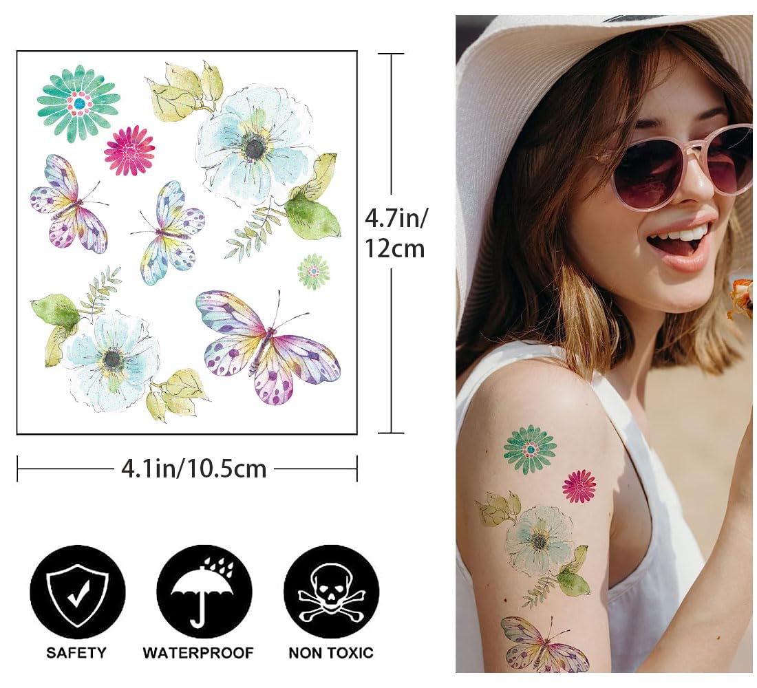 Rosymormor 18 Sheets Glitter Temporary Tattoos for Women Girls, Wings Butterfly Flowers Face Body Shiny Waterproof Stickers Fake Tattoos for Gifts Birthday Party Favors Festival Makeup Halloween