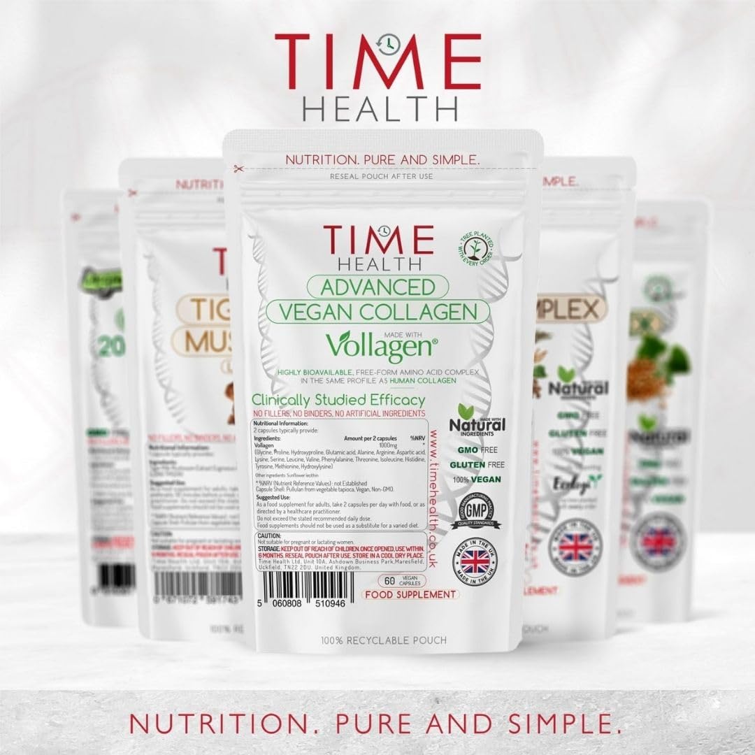 Time Health Vollagen® Advanced Vegan Collagen - 18 Amino Acid Complex in Ratio of Collagen - Studied Effectiveness - 60 Capsules - Vegetarian - Zero Additives - Pullulan (60 Capsule Pouch)