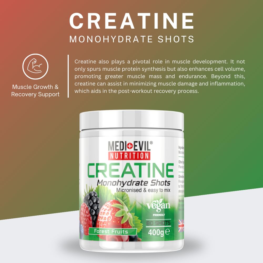 Medi-Evil Nutrition Creatine Monohydrate Powder 400g, Forest Fruit Flavour, Micronised for Easy Mixing, Improve Strength and Physical Performance