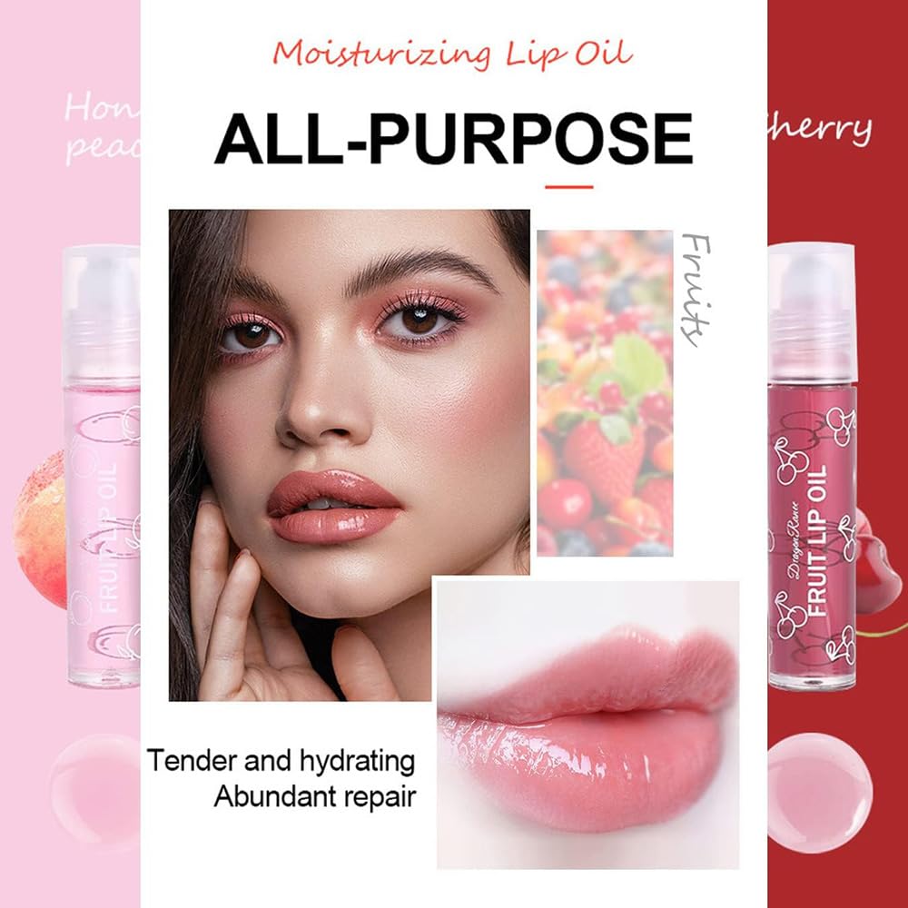 Mornery Lip Oil Set - Roll-On Lip Gloss Set/Fruity Flavors Lip Balm Liquid Lipstick/Moisturizing Lip Glow Oil Lip Care For Girls Women