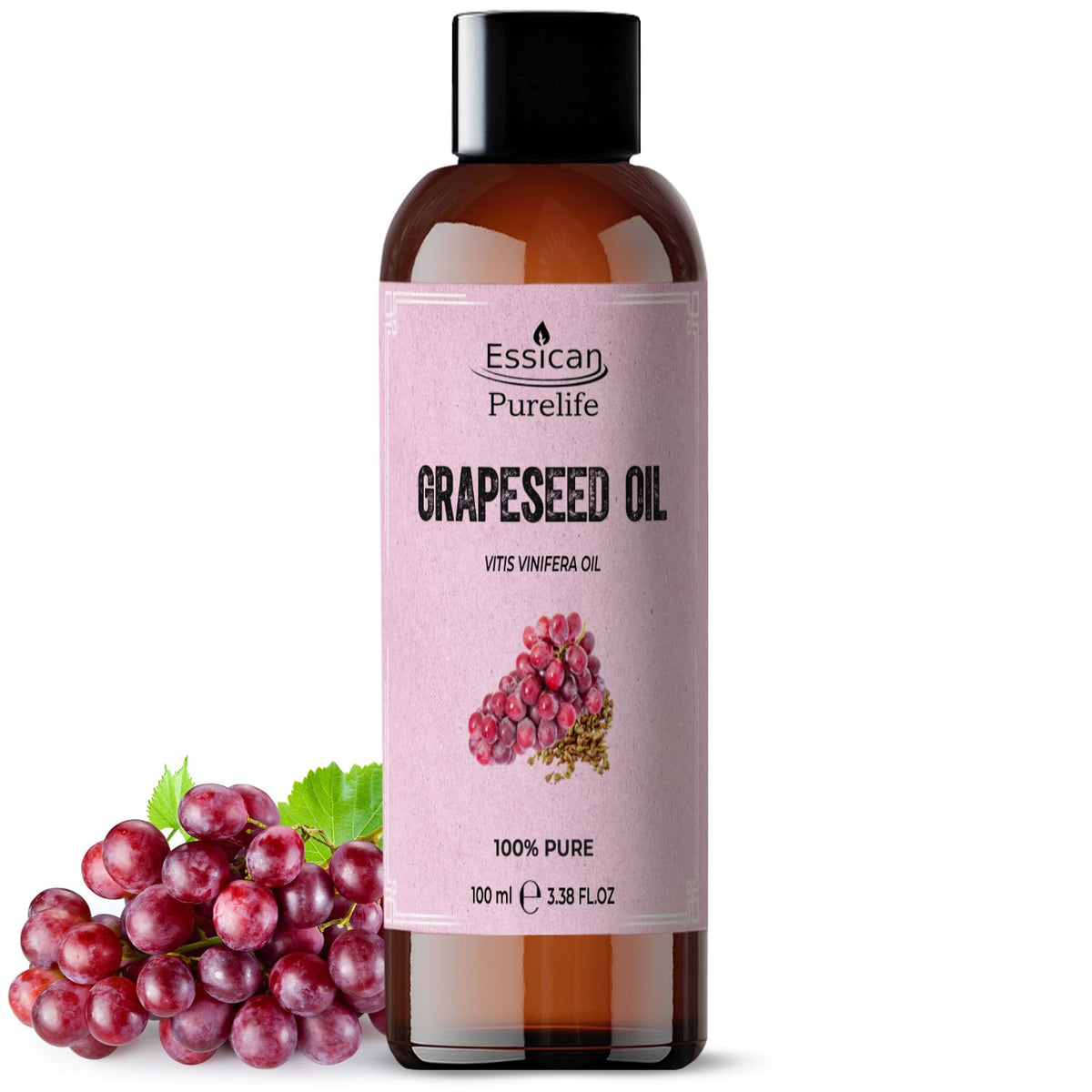 Essican Purelife 100ml Pure Grape Seed Oil for Hair, Skin & Beard, Natural Grapeseed Oil Massage Aromatherapy Body Massage Oils - Multi Use & Nourishing Scalp Moisturiser Oils with Vitamin E