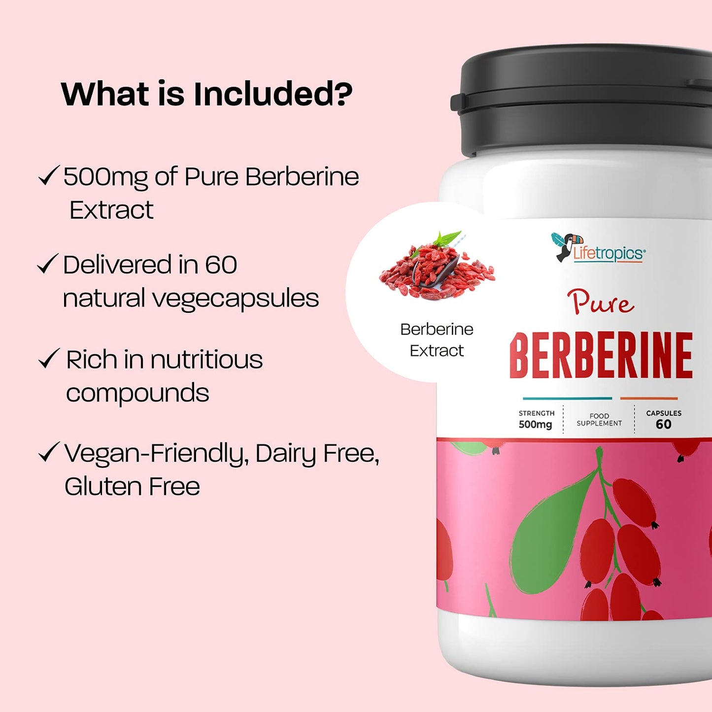 Lifetropics Pure Berberine - 500mg Berberine HCL Supplement - Lab Tested Authentic - Vegan Friendly - 60 Plant-Based Pullulan Capsules