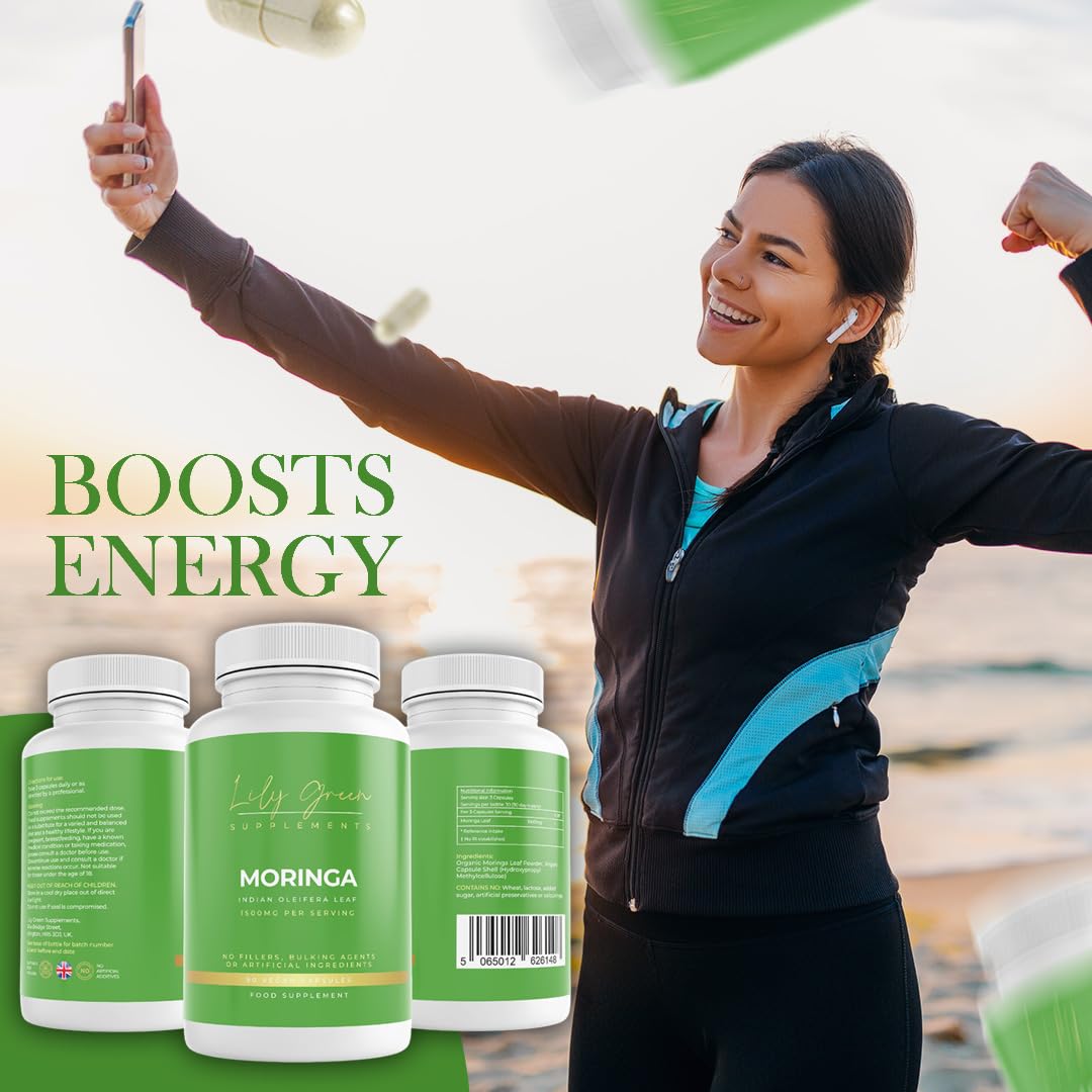 Lily Green Supplements Lily Green Organic Moringa Capsules | High Strength Pure Moringa Supplement | No Artificial Additives | 90 Vegan Capsules | Made in UK