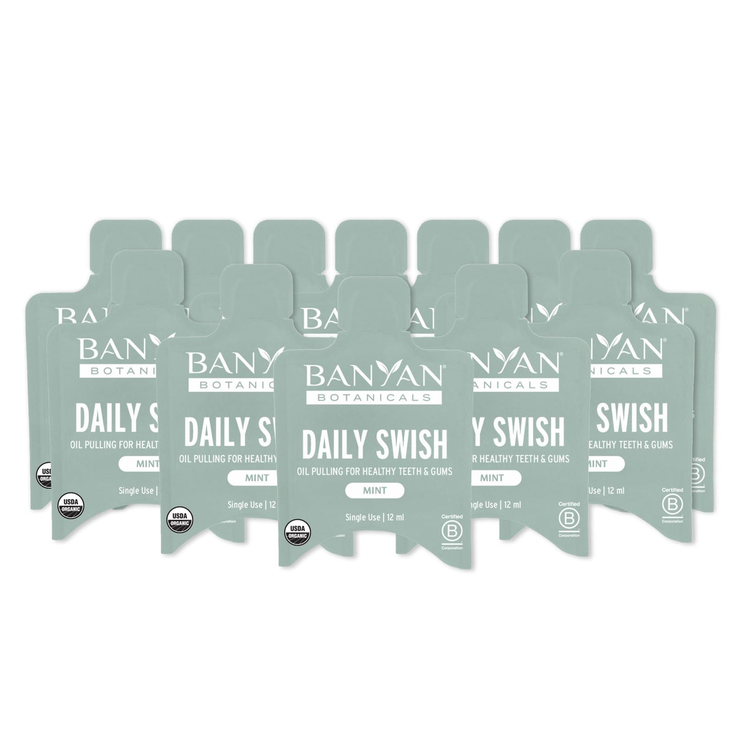 Banyan Botanicals Organic Daily Swish Mint Travel Packets - 12 ct - Ayurvedic Oil Pulling Mouthwash Oil for Oral Health - Coconut Oil Blend for Teeth and Gums