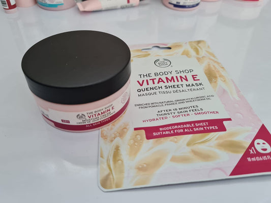 TheBodyShop The Body Shop Vitamin E Face Cream 100ML Moisturising face SKIN, 48H HYDRATION + Vitamin E Quench Sheet Mask 30ml for dry skin BIODEGRADABLE Sheet Mask (1 each)