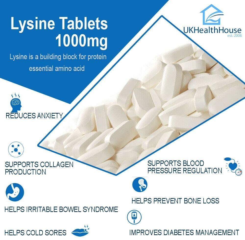 UKHealthHouse L-Lysine 1000mg Tablets – High Strength Essential Amino Acid Supplement for Immune Support, Bone Health & Muscle Recovery | Vegan, Gluten-Free | 120 Lysine Tablets