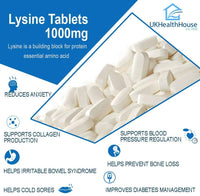 UKHealthHouse L-Lysine 1000mg Tablets – High Strength Essential Amino Acid Supplement for Immune Support, Bone Health & Muscle Recovery | Vegan, Gluten-Free | 120 Lysine Tablets