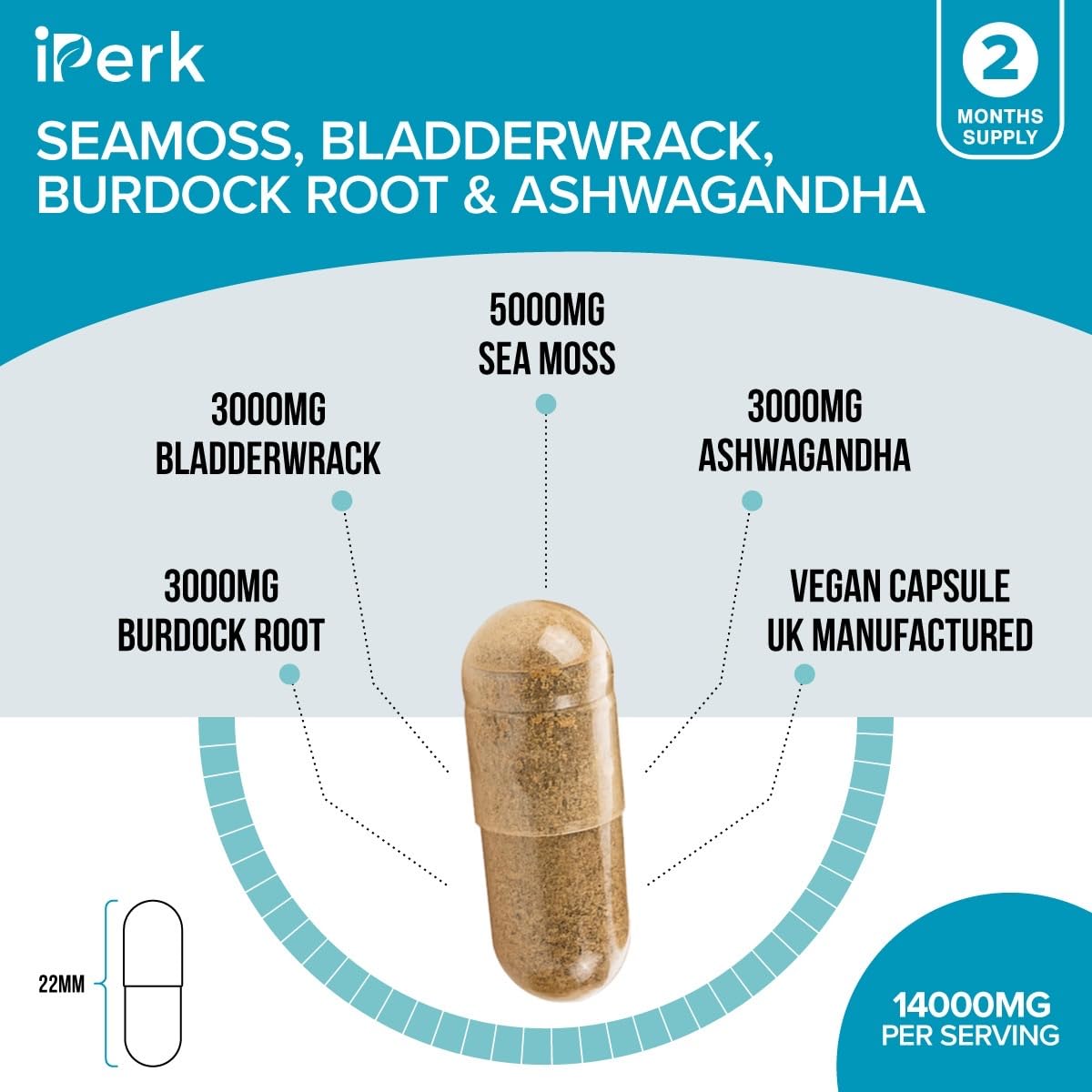 iperk iPerk Sea Moss Complex: Bladderwrack, Burdock & Ashwagandha - 14,000mg High Potency Formula - 60 Vegan Capsules - UK Manufactured
