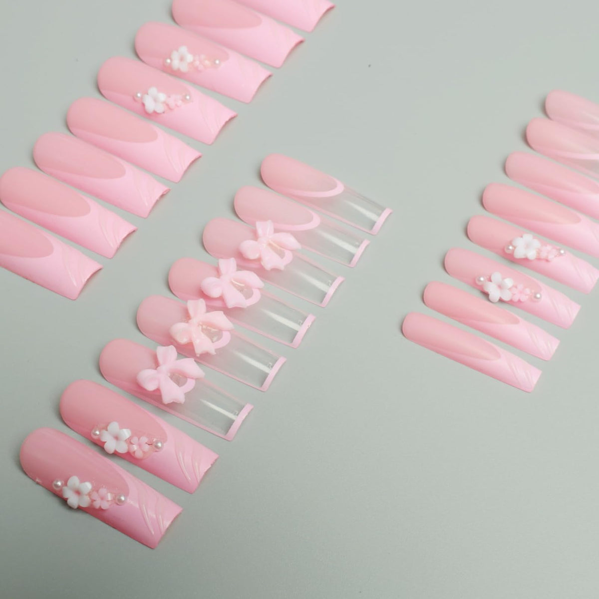 Generic Pink Press On Nails with 3D Bows & Flowers – 24PCS Long Coffin French Tips, Reusable Acrylic False Nails with Rhinestones for DIY Nail Art