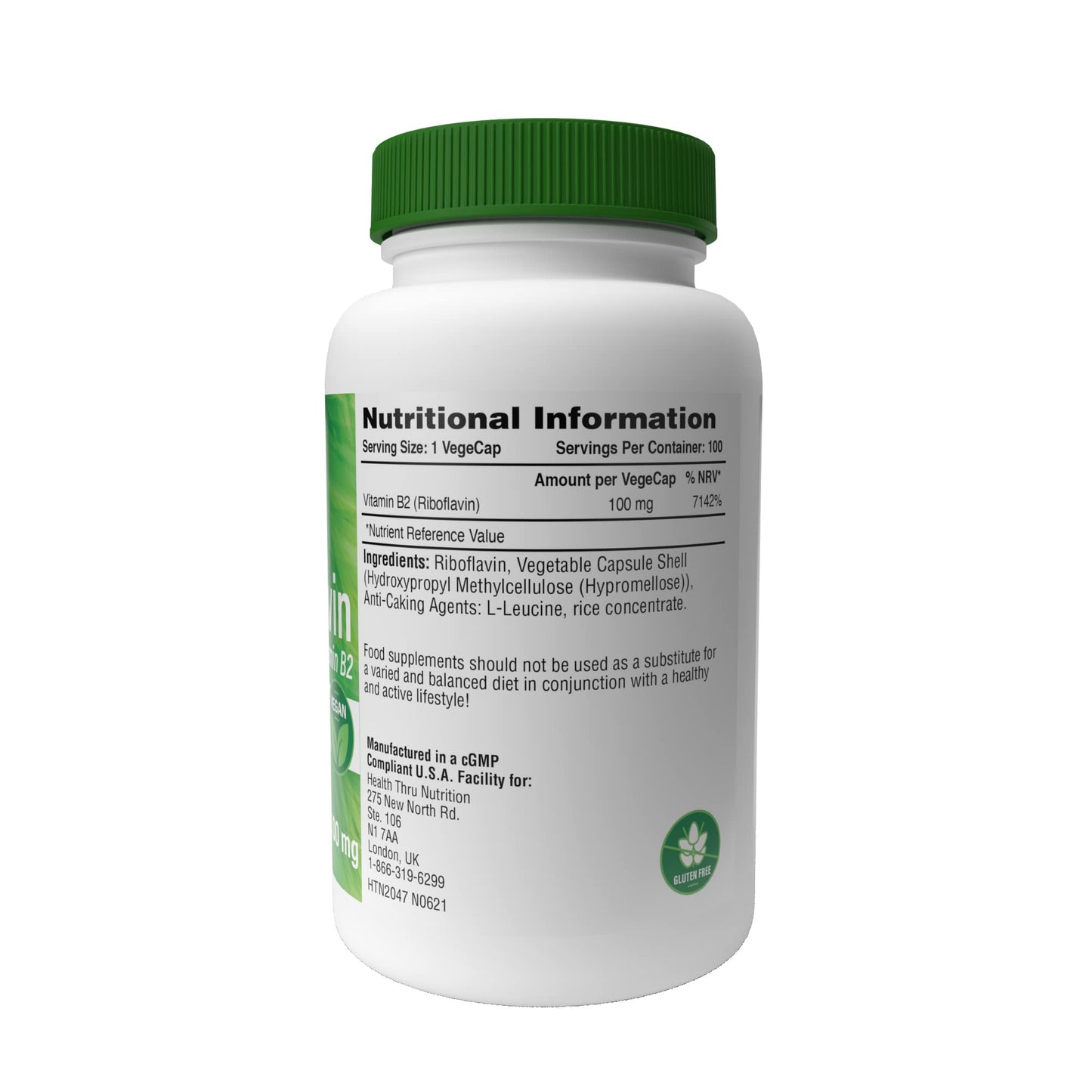HEALTH THRU NUTRITION Riboflavin B2 100mg 100 Vege-Capsules (Non-GMO & Gluten-Free) by Health Thru Nutrition (100)