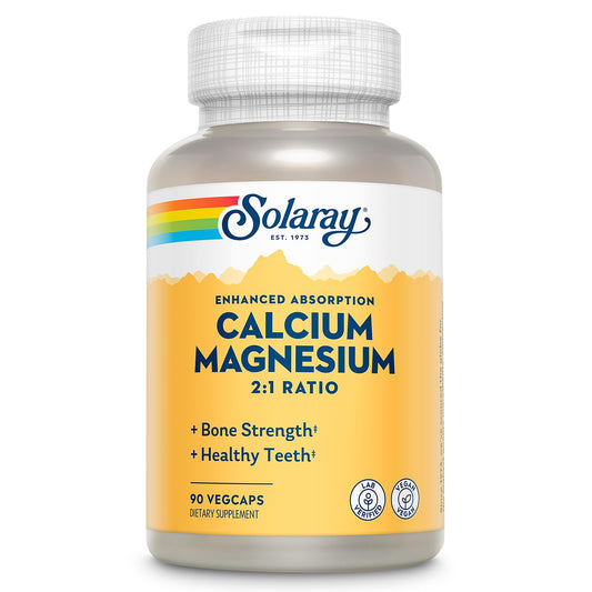 SOLARAY Calcium Magnesium Supplement, Magnesium & Calcium Supplements for Women and Men, 2:1 Ratio, Bone Health & Strength, Vegan, High Absorption, 60-Day Guarantee, 22 Servings, 90 VegCaps