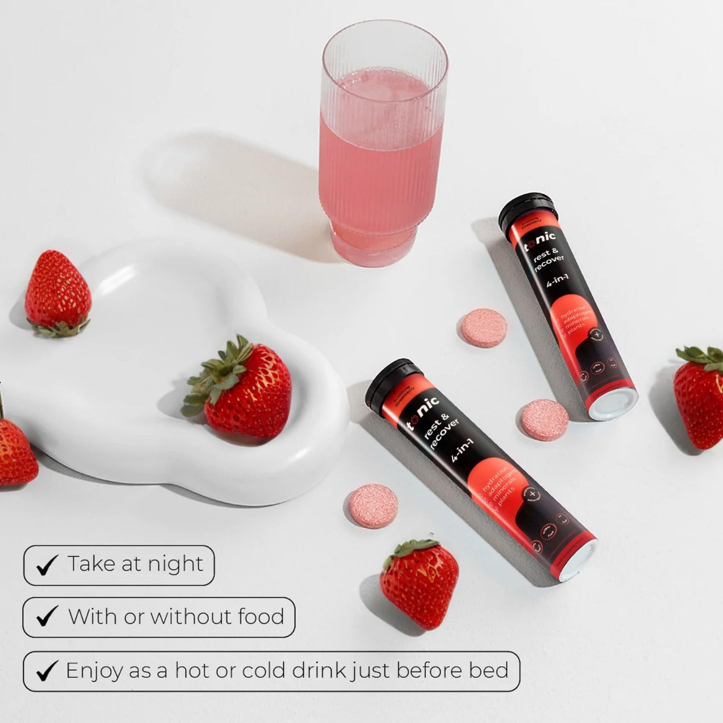 Tonic Health Rest and Recovery Effervescent Tablets - 300mg Elemental Magnesium, Ashwagandha, Lemon Balm - No Sugar, Magnesium Glycinate - Relax and Recharge, Strawberry 60 Count