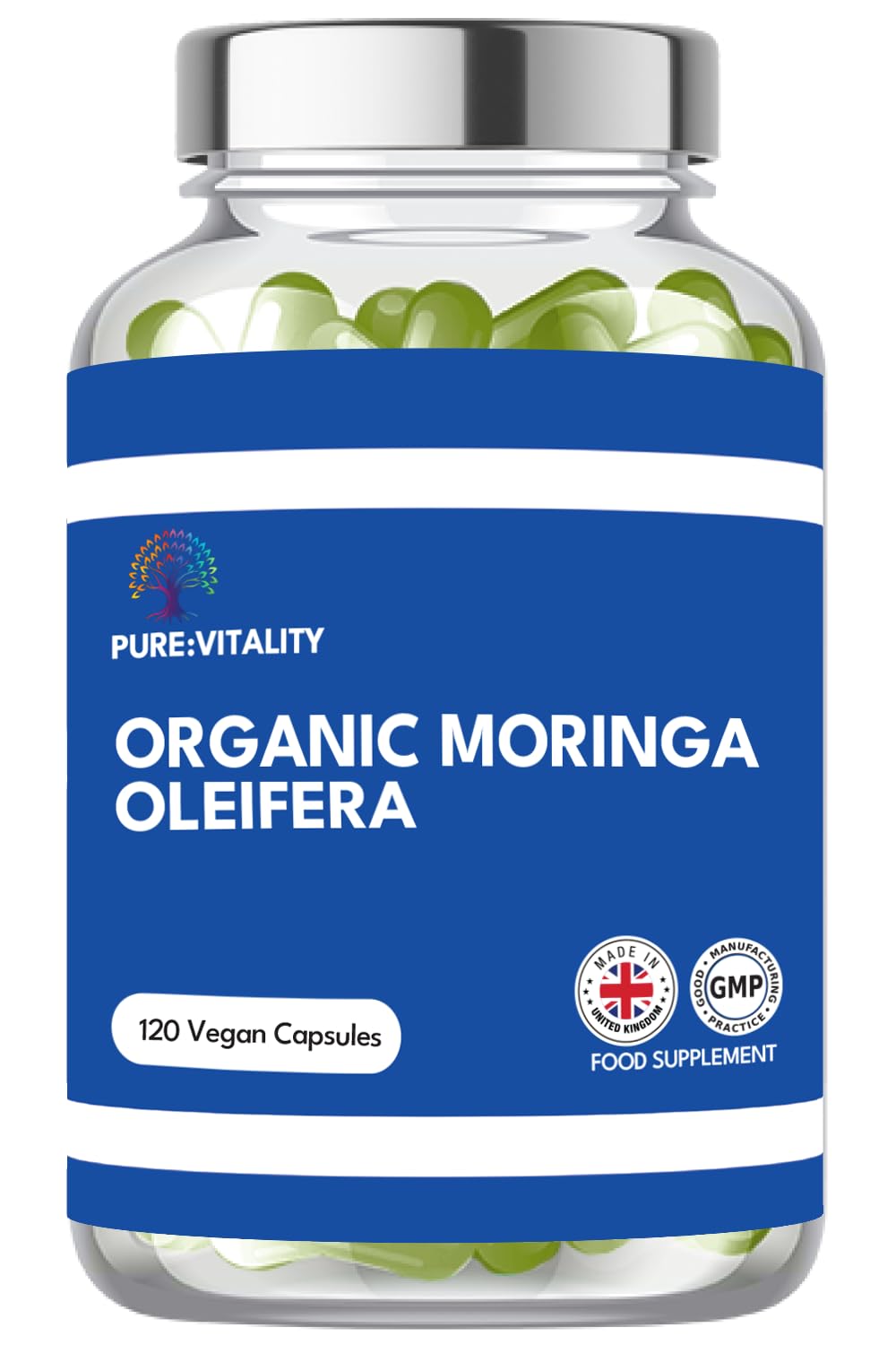 Pure: Vitality Organic Pure Moringa Leaf - 120 Vegan Capsules - High Strength Moringa Oleifera - 500mg per Capsule - GMP HACCP UK Certified - 4 Month Supply
