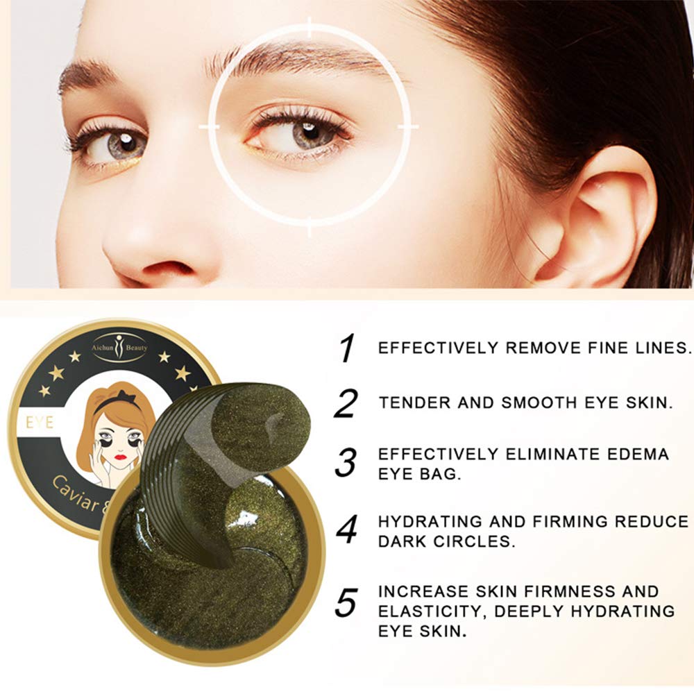 AICHUN BEAUTY 30 Pair Collagen Eye Mask Patch Hydro Gel Pad Anti-Wrinkle Dark Circles Bags Soft Smooth Skin Care Hydration Moisturizing (CAVIAR)
