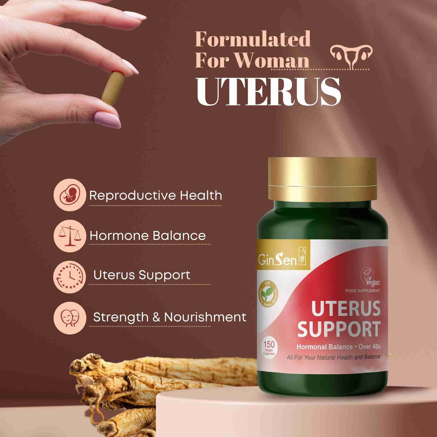 GinSen Uterus Support, Ultimate Nourishment for Women’s Reproductive Health, 150 Capsules, Vegan Approved Supplement, Herbal Extract & Vitamins Made in UK