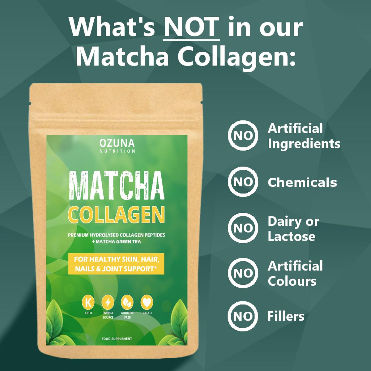 OZUNA NUTRITION Matcha Collagen Peptides Powder with L-Theanine & Natural Caffeine | Dairy-Free Matcha Latte | Matcha with Collagen for Skin, Hair & Nails | Keto & Paleo Friendly