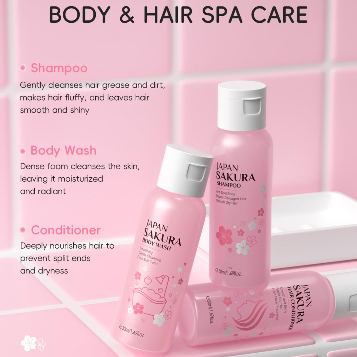 SALROAL Sakura Travel Shampoo and Conditioner Set – Travel Size Shampoo and Conditioner for Women, Perfect Sakura Shower Gift Set with Moisturizing, Nourishing Formula for Soft, Frizz-Free Hair on the Go