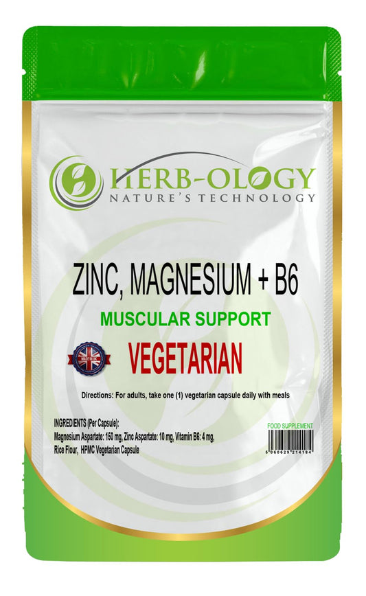 Herb-ology.co.uk Nature's Technology HB Zinc, Magnesium & B6 | 180 High Strength Capsules - 10mg Zinc, 150mg Magnesium Aspartate & 4mg Vitamin B6 per Capsule | B6 Supplements for Men | Non-GMO Gluten Allergen & Filler Free | Made in UK