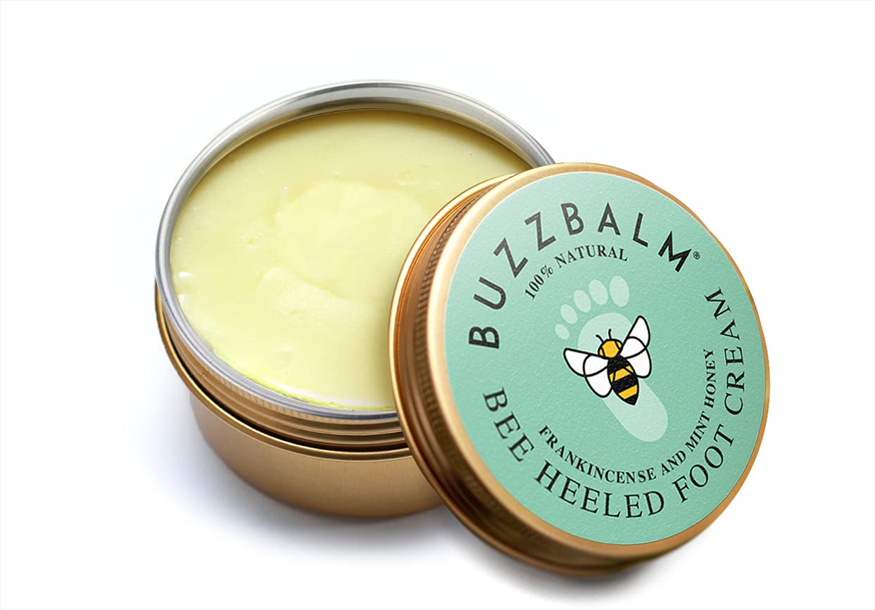 BUZZBALM Foot Cream for Cracked Heels and Dry Skin Bee Heeled Heel Balm Completely Natural Cracked Heel Repair Cream with Frankincense and Peppermint Honey (85g)
