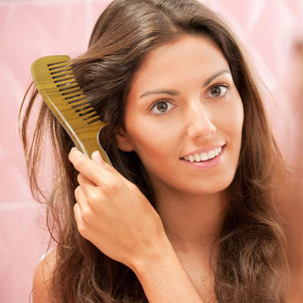 EQLEF Green Sandalwood Wide-tooth Natural comb, Large Sandal Wood Hair Comb Wooden Comb Anti Static Combs