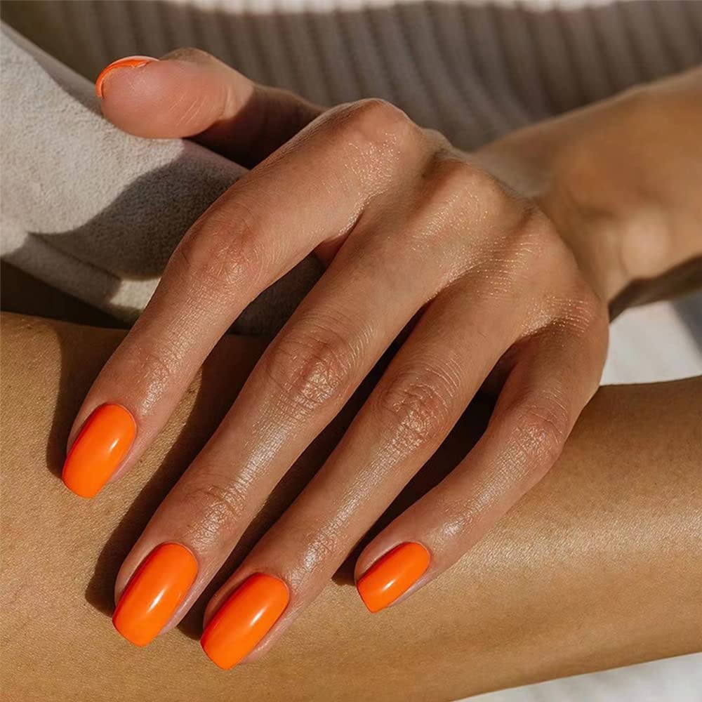 SXVME Orange False Nails Short Medium Square, Gel Press on Nails Coffin Medium Glossy Fake Nails Set Solid Color Acrylic Nail Natural Fit Reusable Stick on Nail for Women Daily Wear, in 24 Pcs