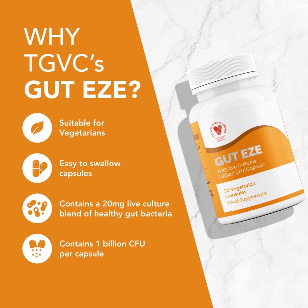 Gut Eze: 30 Capsules - Vegetarian Gut Health Microbiome Based Probiotic Dietary Supplement by Good Vitamin Company