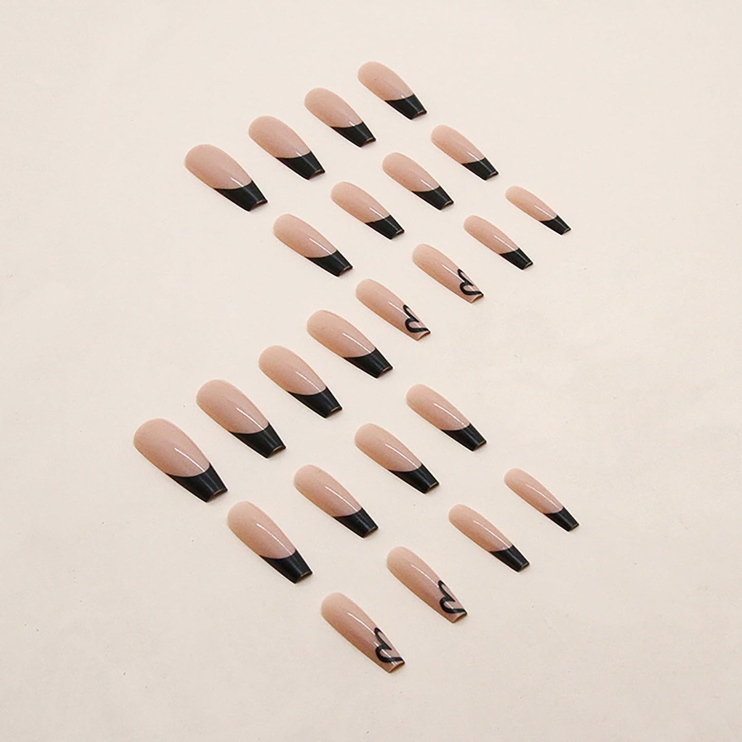Maggikey 24PCS Long Coffin Ballerina False Nails - French Black Plastic Press On Nails - Full Coverage Glossy Stick On Nails For Women (Black Heart French Style)