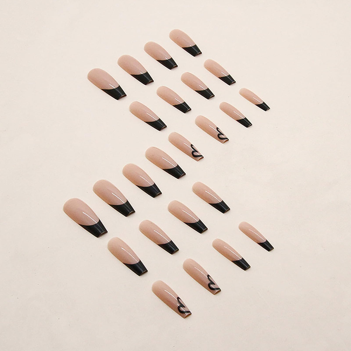Maggikey 24PCS Long Coffin Ballerina False Nails - French Black Plastic Press On Nails - Full Coverage Glossy Stick On Nails For Women (Black Heart French Style)