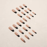 Maggikey 24PCS Long Coffin Ballerina False Nails - French Black Plastic Press On Nails - Full Coverage Glossy Stick On Nails For Women (Black Heart French Style)
