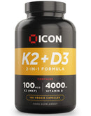 ICON Nutrition ICON - High Strength Vitamin D3 4000 IU and K2 Vitamin 100μg MK7-6 Month Supply 180 Vitamin D K2 Capsules - Made in The UK, Vegetarian VIT D3 and Vitamin K2 Capsules