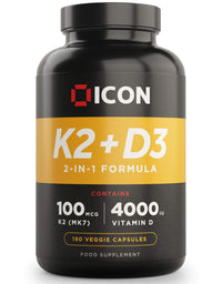 ICON Nutrition Vitamin K2 D3 Supplement, Vitamin D3 4000 IU and K2 Vitamin 100μg MK7 Capsules, Vegetarian Supplement, High Strength, Bone & Immune Health - 180 Count (6 Month Supply)