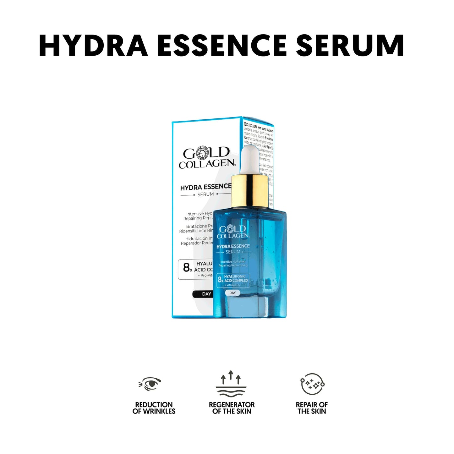 GOLD COLLAGEN Hydra Essence - Daily Moisture, Hyaluronic Acid Serum for Face & Neck, Repairing & Plumping Effect for Smoother Skin - Face Serum for Skincare, Helps Reduce Fine Lines & Wrinkles, 30 ml