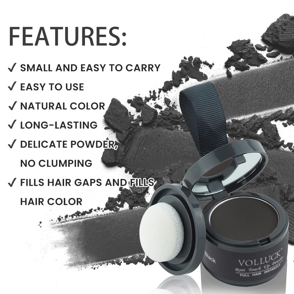 VOLLUCK Root Touch up Powder 4g – Covers Grey Roots & Conceals Thinning Hair, Hairline Powder for Men & Women – Natural Look, Easy to Use & Compact for Quick Touch Ups (Black)