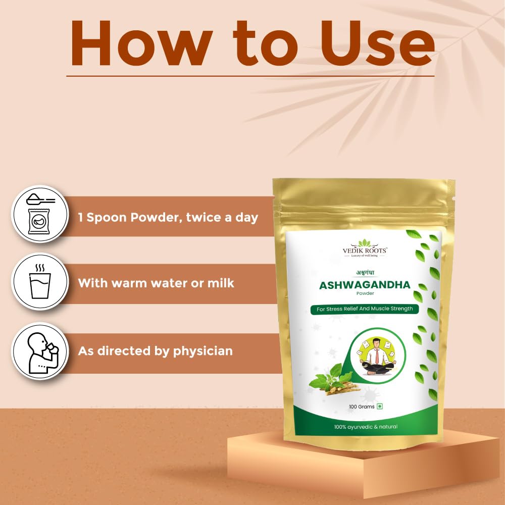 Vedikroots Ashwagandha Powder/Churn - A Stress Relief Elixir for an Active Lifestyle | Enriched with 100% Natural Ashwagandha Extracts (100g)