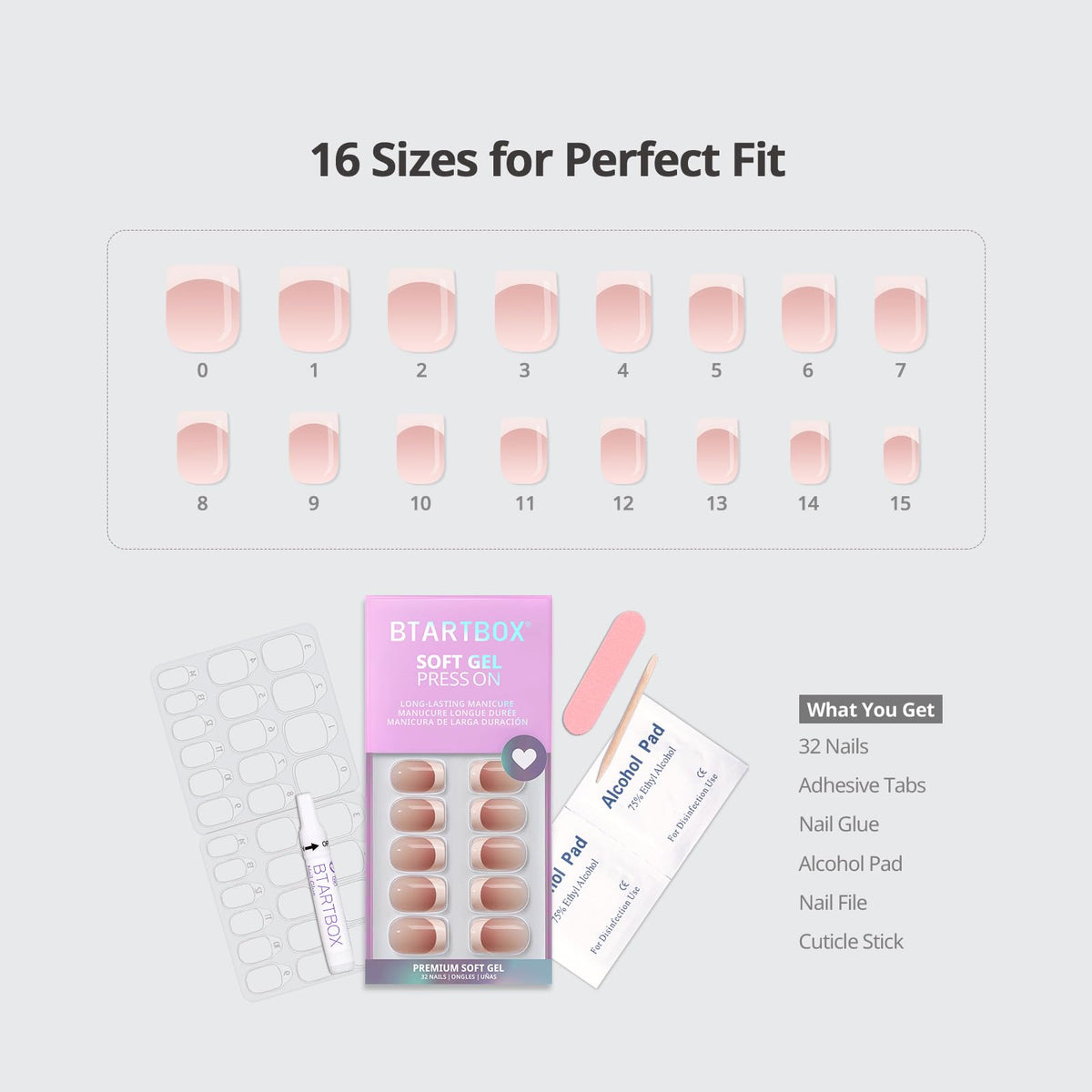 BTArtbox Stick On Nails for Women - Short Square Press On Nails, 32 Pcs Soft Gel French Tip False Nails With Glue, Reusable Semi-Transparent Fake Nail Kit in 16 Sizes, French Girl