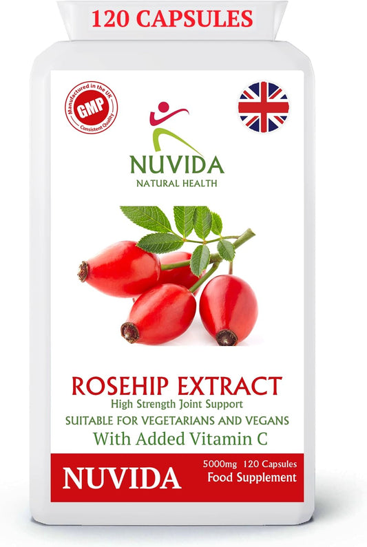 NUVIDA NATURAL HEALTH Rosehip Capsules - High Strength Rosehip Supplement with Vitamin C to Support Joint Health, Bones, Cartilage and Collagen Formation - 120 Vegan Rosehip Capsules. Up to 4 Months Supply.