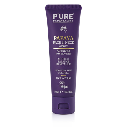 P'URE PAPAYA CARE Face Lotion & Neck Cream 50ml - Vegan Face Moisturiser - Papaya Enzymes, Bergamot, Calendula Cream, Hyaluronic Acid, Vitamin E Face Cream - Natural Facial Moisturising Lotion