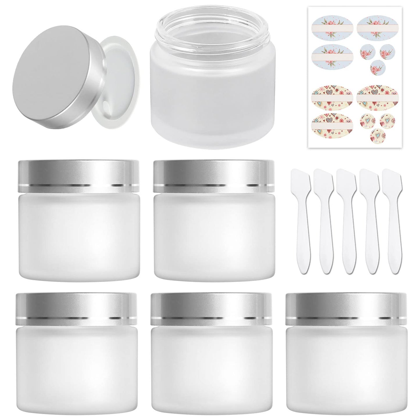 SHiZAK 6 Pack, 2 oz 60ml Frosted Glass Jars with Silver Lids & Inner Liners, Empty Matte Clear Round Refillable Cosmetic Containers Travel Jars for Cosmetics,Body Face Cream Lotion