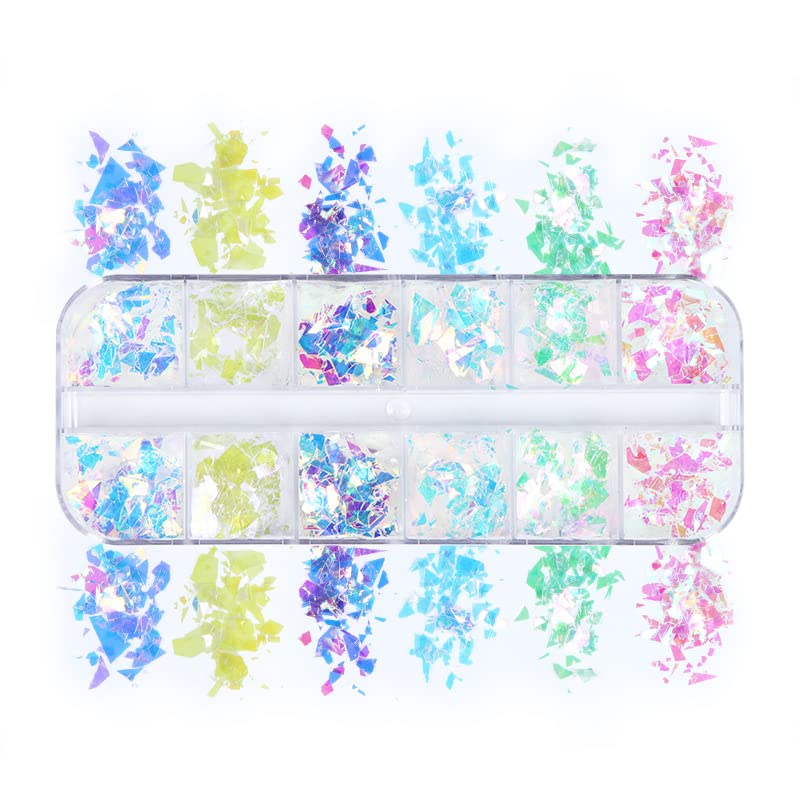jmeowio Holographic Mermaid Nail Art Glitter Flakes JMEOWIO 12 Grids Holographic Nail Foil Gradient Bright Iridescent Ice Slag Nail Sequins Paillettes Summer Nail Art Decoration for Women Girls