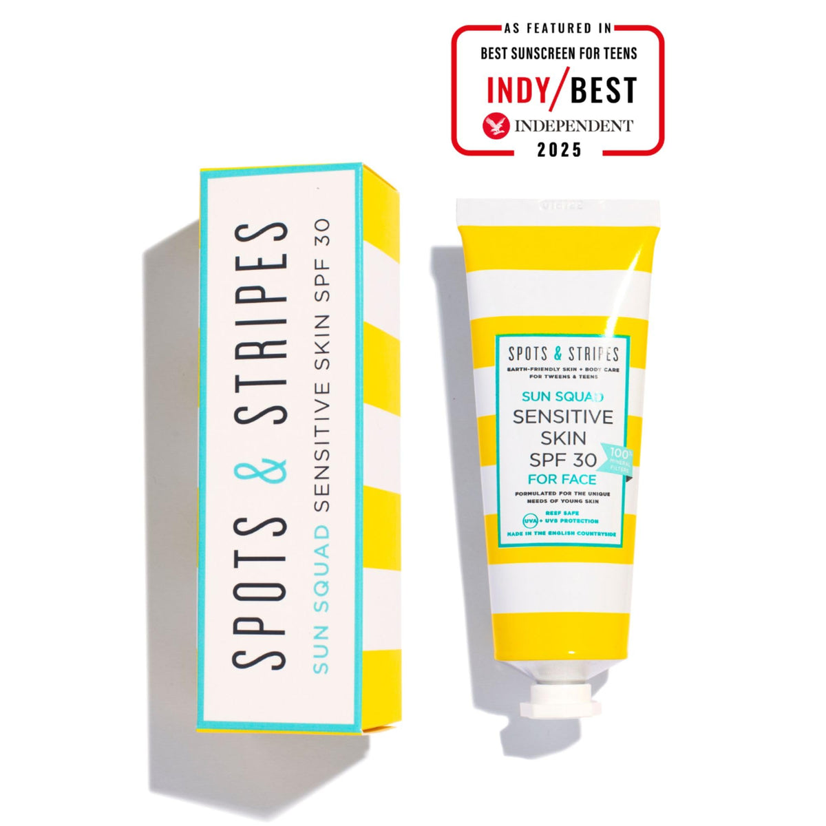 Spots & Stripes - Sun Squad Sensitive Skin SPF 30 for Face, 99% Natural, 100% Mineral Sunscreen for Teens and Young Skin, Organic Aloe Vera Leaf Juice, Jojoba and antioxidant-packed Green Tea (50ml)