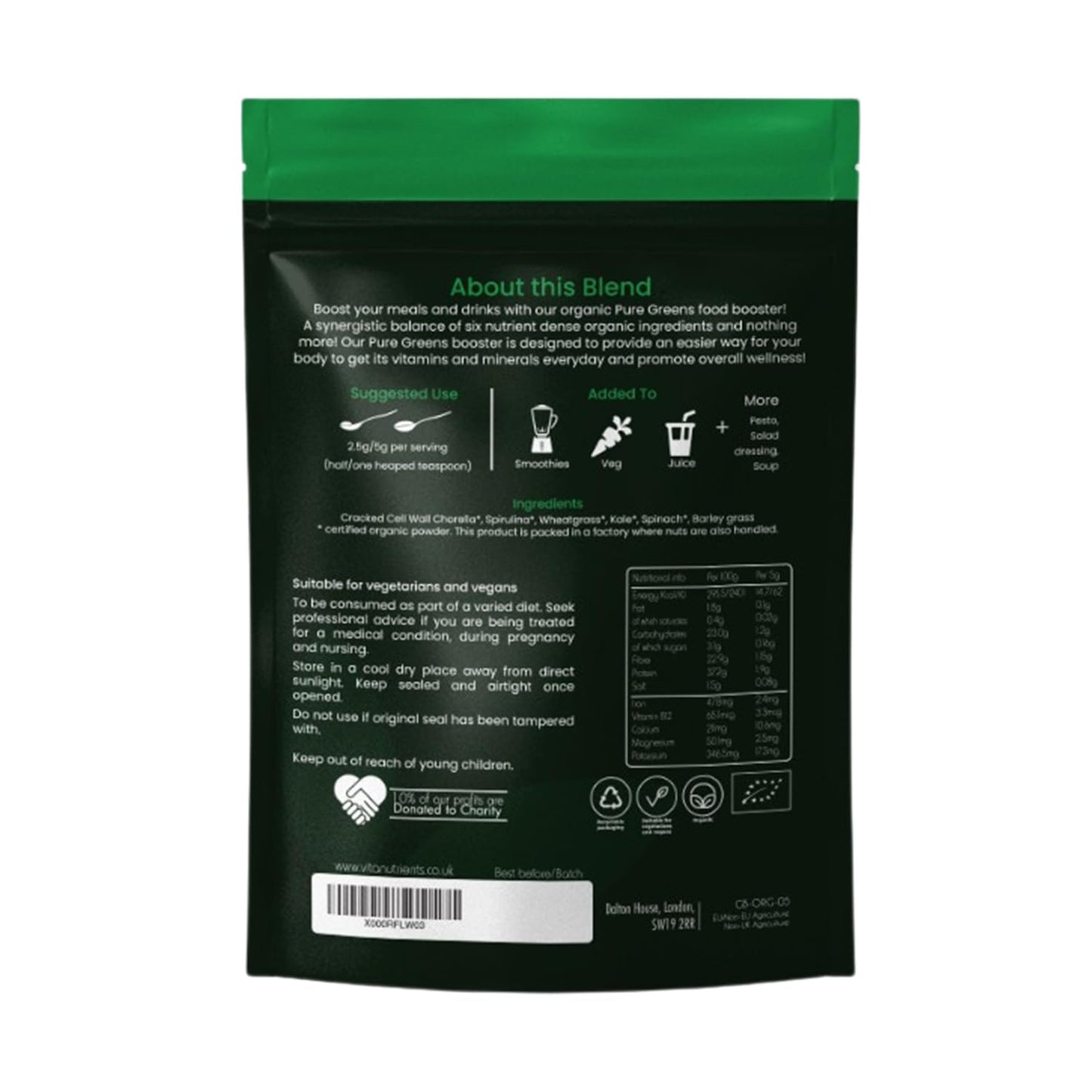 Vita Nutrients Pure Greens Superfood Powder 150g - Premium Organic Blend of 6 Plant Based Super Greens - Vegan & Gluten Free - Vitamin Fibre & Mineral Rich Formula - Made in The UK