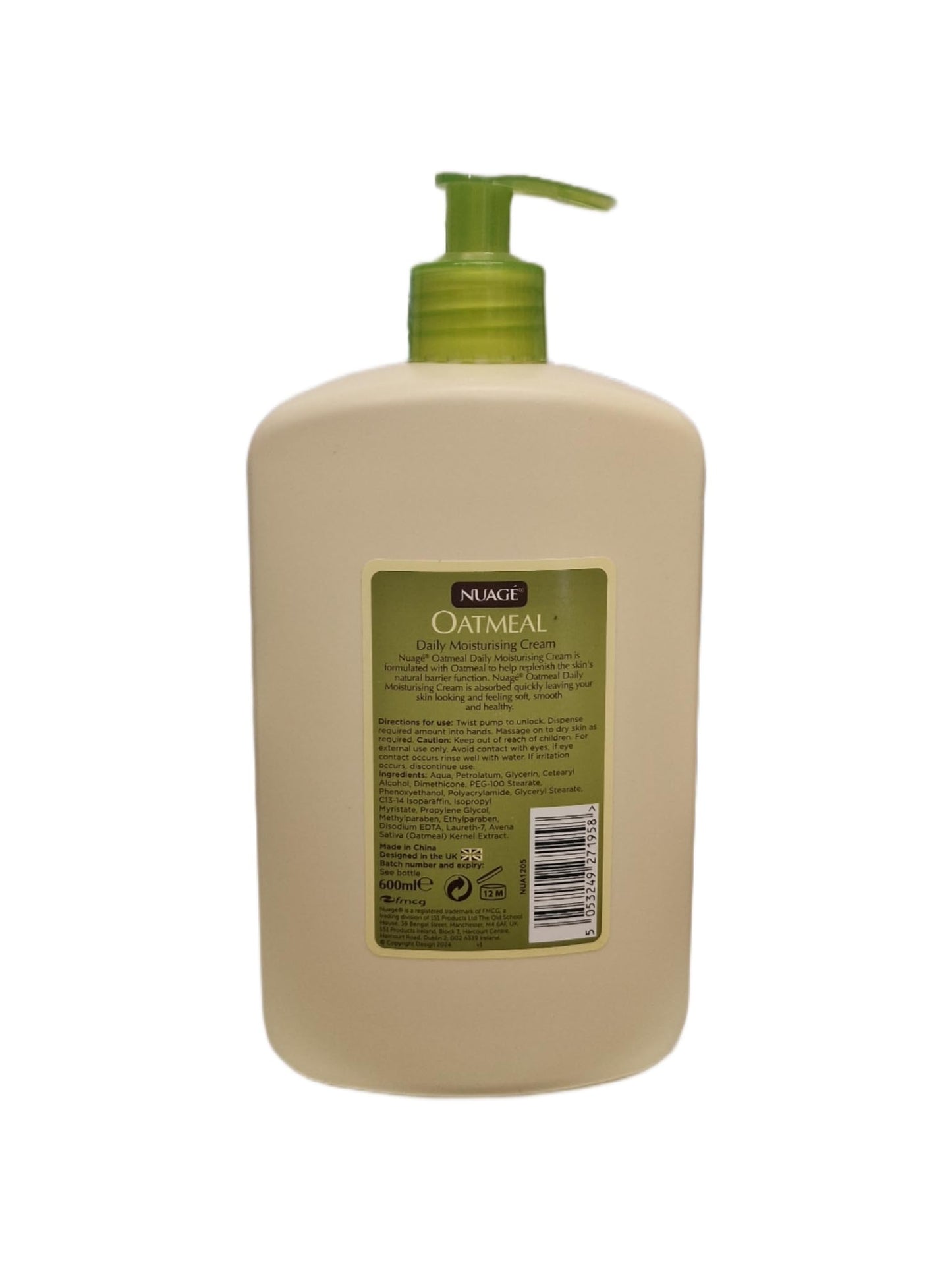 Nuage Oatmeal Daily Moisturizing Cream for All Skin Types with Soothing Oatmeal Extracts, Hydrating and Nourishing Formula, 600ml Pump Bottle