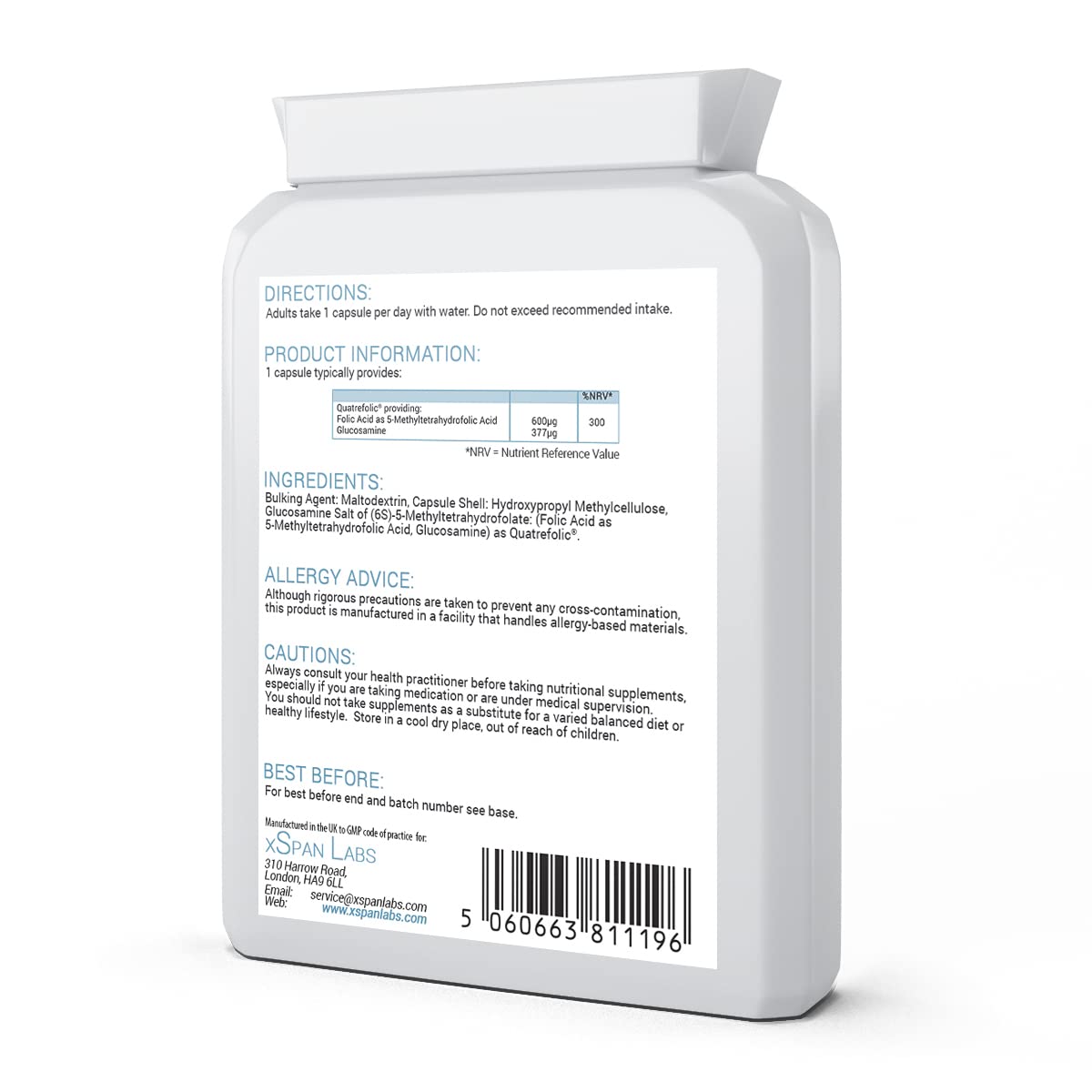 Xspan Labs Methyl Folate 600µg - 90 Capsules as Quatrefolic 5-MTHF Supplement 6S-5-methyltetrahydrofolate – The 4th Generation of Folate a Highly bioactive Form of Folic Acid/Vitamin B9 – Made in The UK