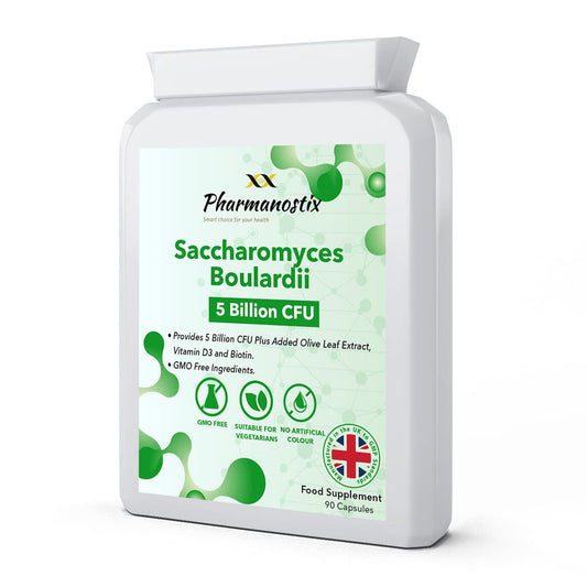 Pharmanostix Saccharomyces Boulardii Supplement 90 Capsules, High Strength, 5 Billion cfu Organisms, No Refrigeration Required, Non-Colonising Yeast with Added Olive Leaf, Biotin and Vitamin D, UK Manufactured