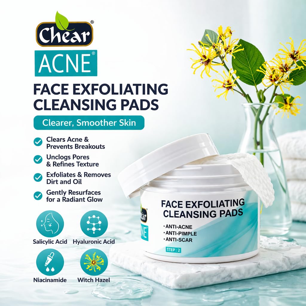 CHEAR ACNE Chear Acne Exfoliating Cleansing Pads 55 Pads – Salicylic Acid, Niacinamide & Hyaluronic Acid Face Pads with Witch Hazel, Pore Clearing Wipes for Acne, Oily Skin & Blackheads