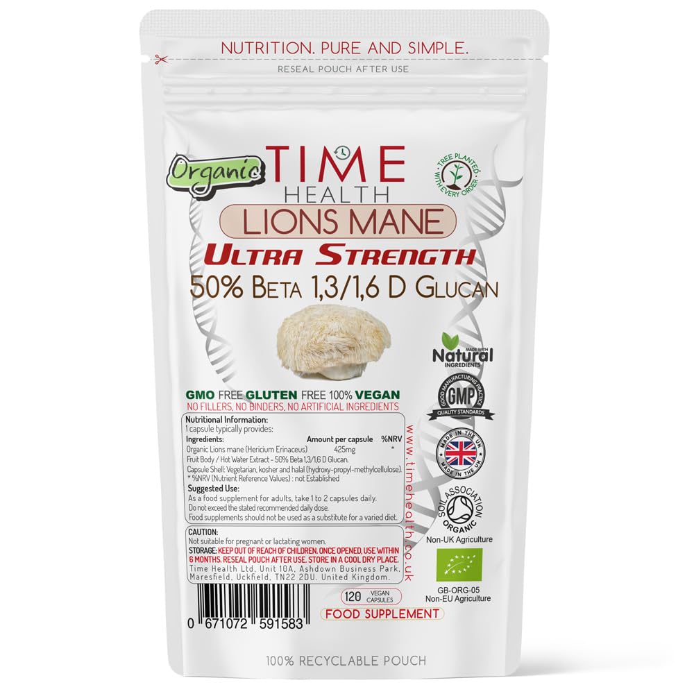 Lions Mane Organic - Ultra Strength 50% Beta 1,3/1,6 D Glucan, Pullulan (Hericium Erinaceus ‎) (120 Capsule Pouch)
