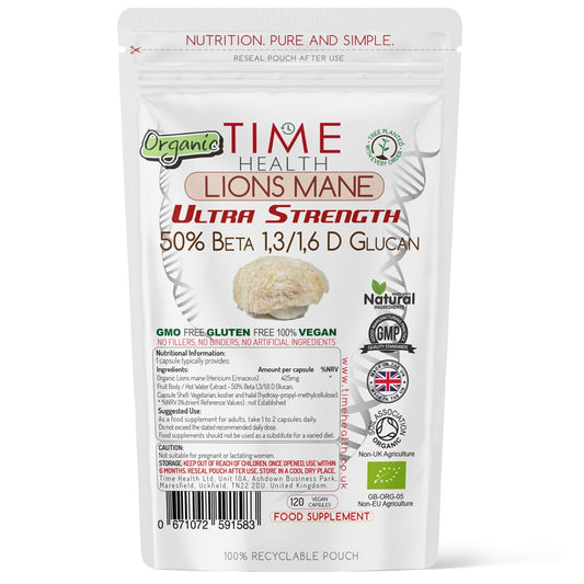 Lions Mane Organic - Ultra Strength 50% Beta 1,3/1,6 D Glucan, Pullulan (Hericium Erinaceus ‎) (120 Capsule Pouch)